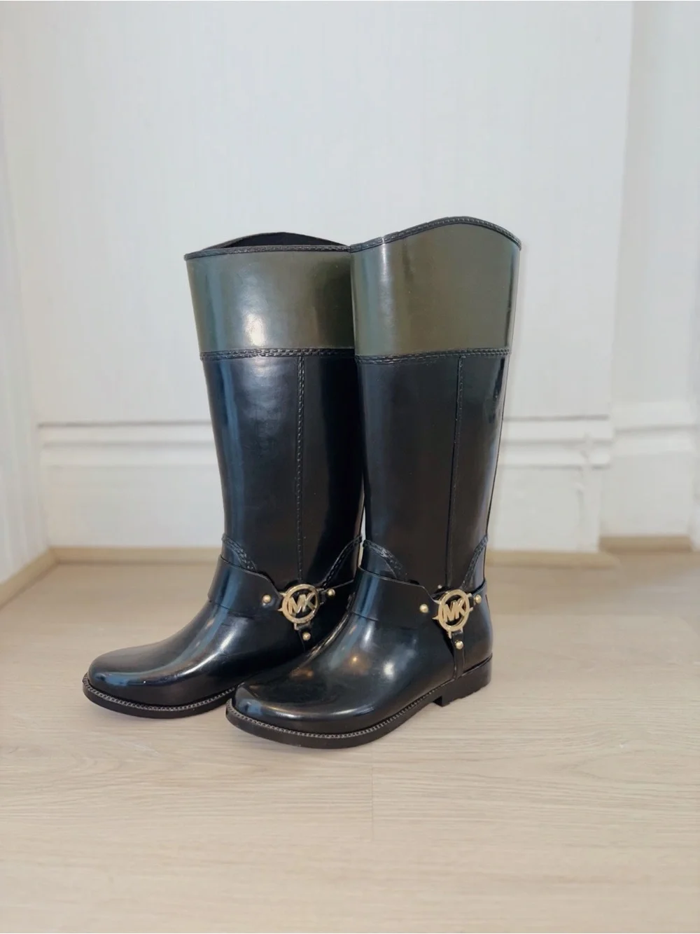 Michael Kors Fulton Harness Black Riding Boot with Olive Cuff and Gold Hardware